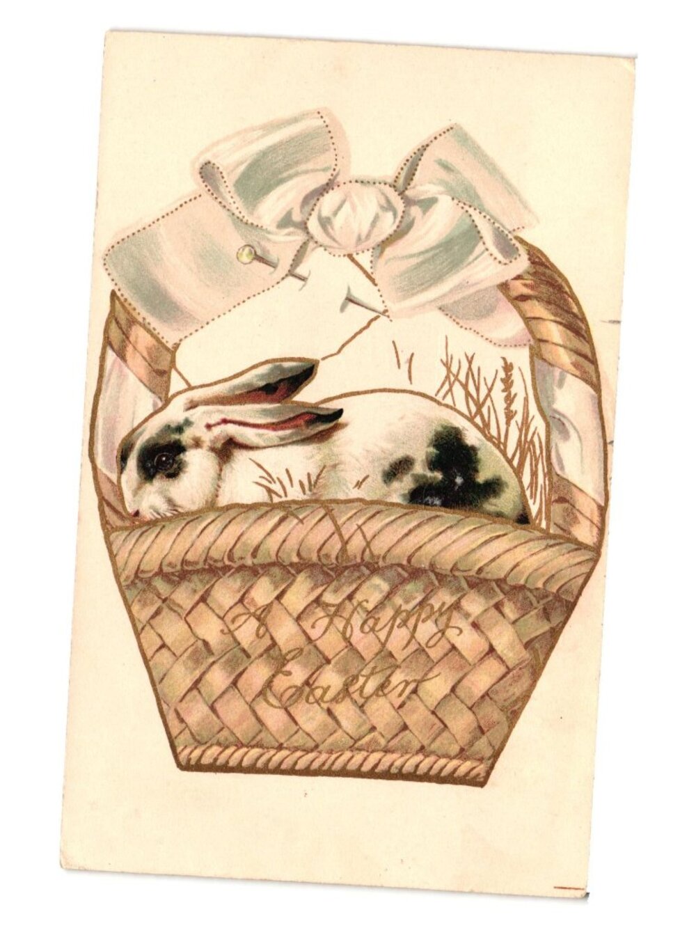 Vintage Easter Postcard Rabbit Basket Woven Bow Ernest Nister Bavaria E P Dutton